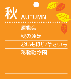 秋　運動会　秋の遠足　おいもほり/やきいも　移動動物園